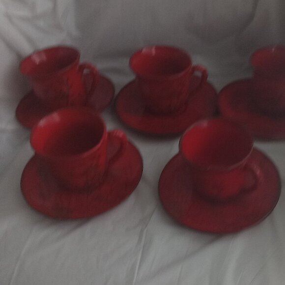 Coffee tea time caps in red color with saucer set of five - Picture 3 of 3